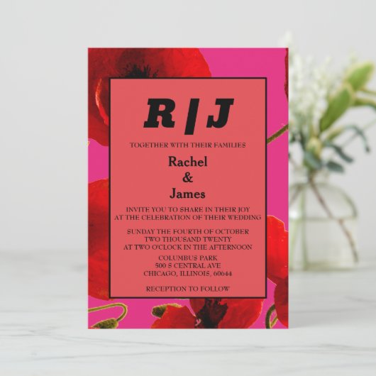 オレンモダンジピンクウォーターカラーフローラボホ結婚ズ 招待状 (スタンド正面)