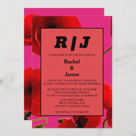 オレンモダンジピンクウォーターカラーフローラボホ結婚ズ 招待状 (正面/裏面)