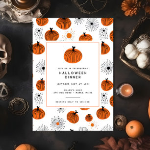 オレンモダンジブラックパンプキンハロウィーンディナーパーティー 招待状
