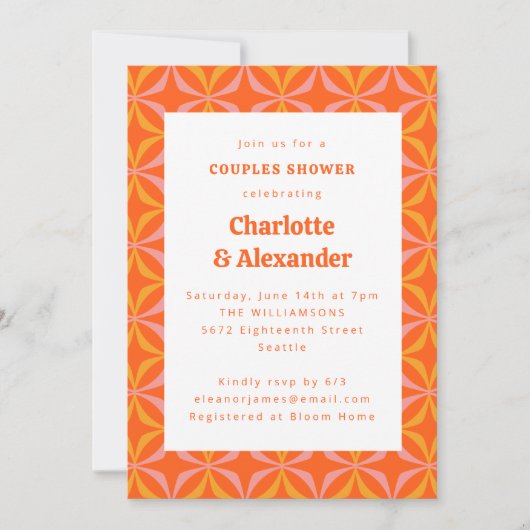オレンモダンジレトロはっきりしたタイポグラフィカップルシャワー 招待状 (正面)
