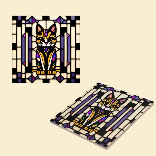 オレンモダンジ猫ステンドグラスイラストレーション タイル