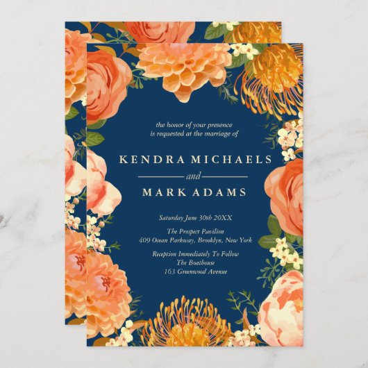 オレンモダンジ結婚フローラリース招待状 招待状 (正面/裏面)