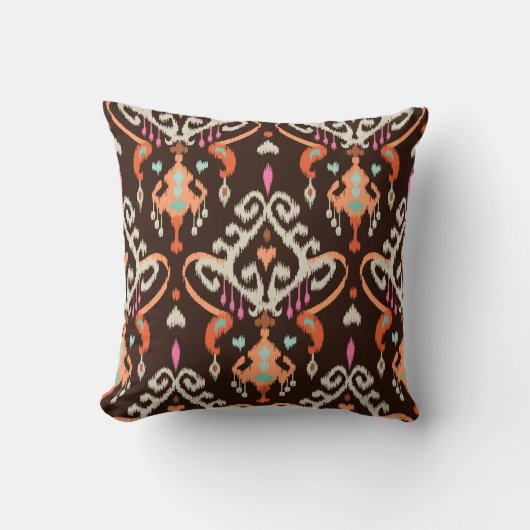 オレンモダンジ茶ガーリーイカットの部族模様 クッション (正面)