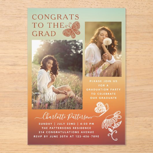 オレンモダンジ蝶の写真卒業パーティー アクリル招待状 (正面)