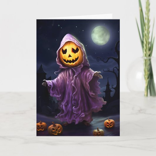 オレン不気味ジカボンプキンヘッドイラストレーションハロウィーン カード (正面)