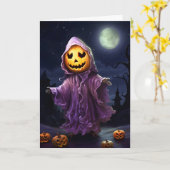 オレン不気味ジカボンプキンヘッドイラストレーションハロウィーン カード (黄色い花)