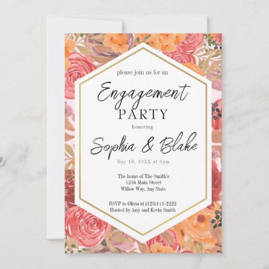 オレン伝統的ジ&ピンクフローラ婚約パーティ 招待状 (正面)