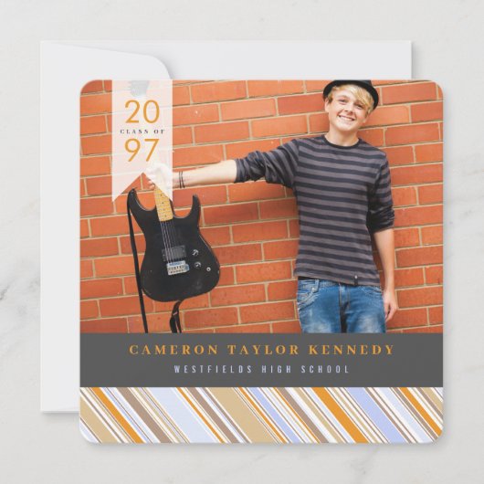オレン名門私立校風のジピンストライプ写真卒業パーティー 招待状 (正面)