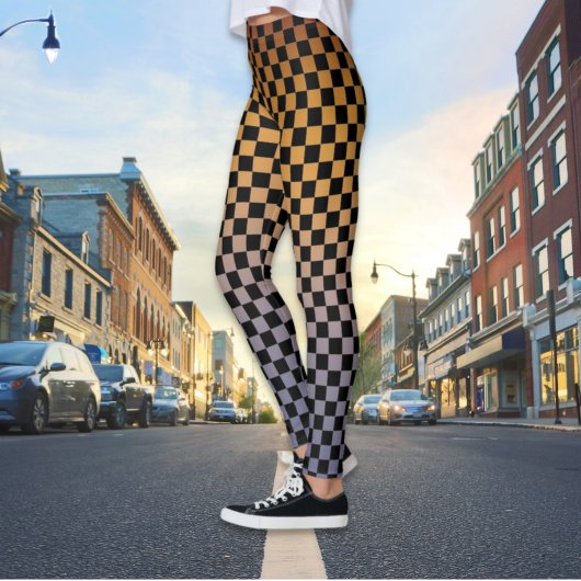 オレン市松模様にジと紫の夕日のレギンス レギンス