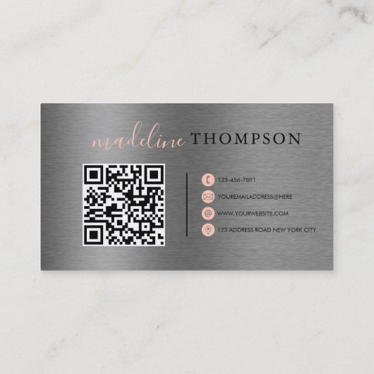 オレン淡い色のジ金属ブラシ鋼スクリプトQRコード 名刺 (裏面)