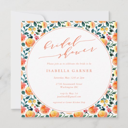 オレン素朴ジウォーターカラーフローラブライダルシャワー 招待状 (正面)