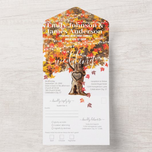 オレン素朴ジサンゴと赤カエデ結婚の木 オールインワン招待状 (内側)