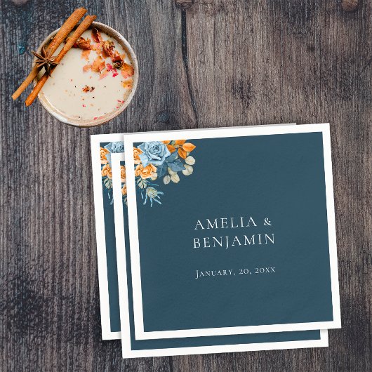 オレン素朴ジテラコッタネイビーブルー結婚ラスト スタンダードカクテルナプキン