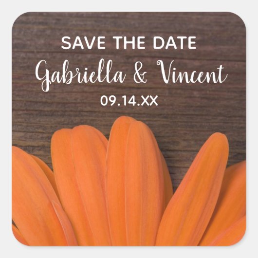 オレン素朴ジデイジー国の結婚式の日付を保存 スクエアシール (正面)