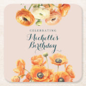 オレン素朴ジピンクガーデンフローラ誕生日パーティー スクエアペーパーコースター (正面)