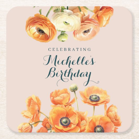 オレン素朴ジピンクガーデンフローラ誕生日パーティー スクエアペーパーコースター (正面)