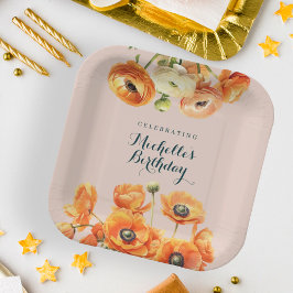 オレン素朴ジピンクガーデンフローラ誕生日パーティー ペーパープレート