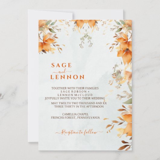 オレン素朴ジボホウォーターカラー赤面結婚ズ 招待状 (正面)