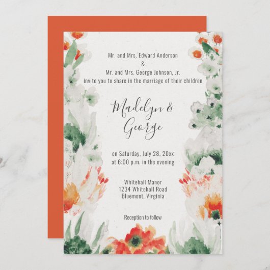 オレン素朴ジ緑の白い水の色結婚の 招待状 (正面/裏面)