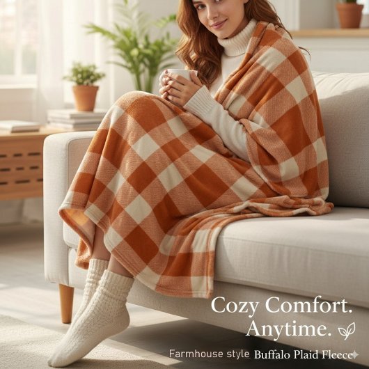 オレン素朴ジ&クリームバッファロープレイドファームハウス フリースブランケット