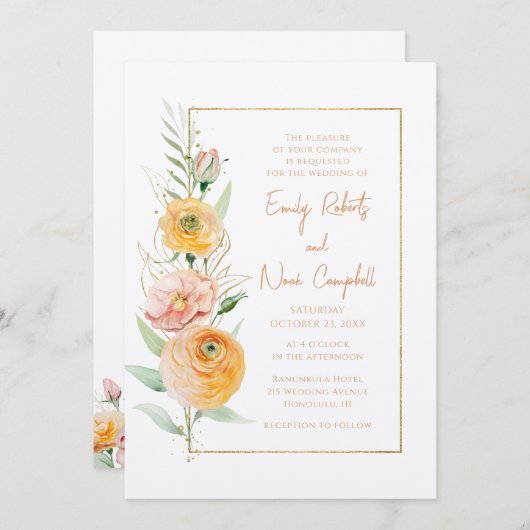 オレン素朴モダンジ黄色の水カラーフローラ 招待状 (正面/裏面)