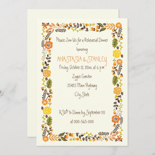 オレン縁どジ結婚フローラのリハーサル 招待状 (正面/裏面)