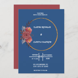 オレン自然ジバラフローラネイビー結婚ブルーズインビ 招待状