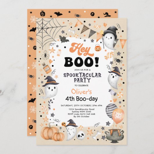 オレン自然ジブラックハロウィーン幽霊ボーイ誕生日 招待状 (正面/裏面)