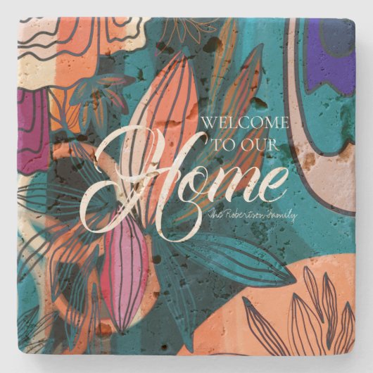 オレン芸術的ジピンクネイビー葉タニカル歓迎 ストーンコースター (正面)