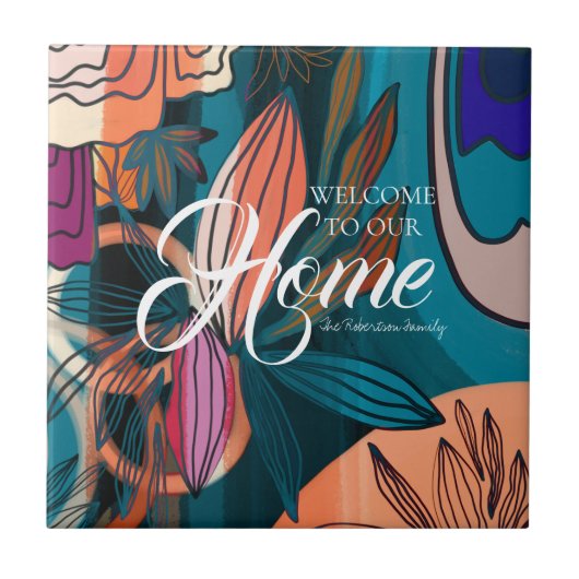 オレン芸術的ジピンクネイビー葉タニカル歓迎 タイル (正面)