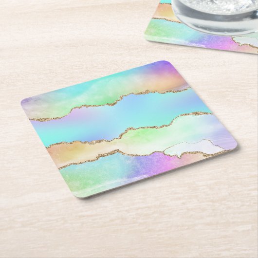 オロアゲート |フェイク虹色パステルグラデーション大理石 スクエアペーパーコースター (アングル)