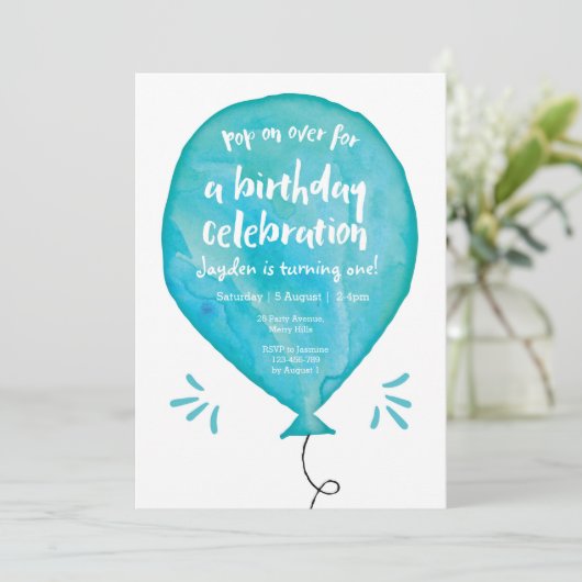オンオポップ・アートのーバーブルーバルーン誕生日招待状 招待状 (スタンド正面)