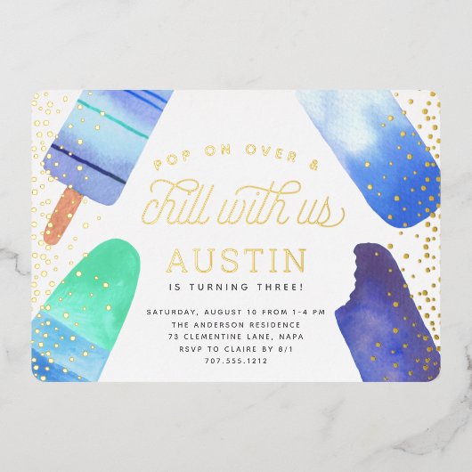 オンオポップ・アートのーバー&チル |ポプシクル子供の誕生日パーティー 箔招待状 (正面)