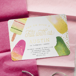 オンオポップ・アートのーバー&チル |ポプシクル子供の誕生日パーティー 箔招待状