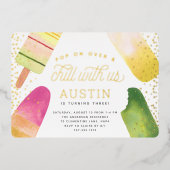 オンオポップ・アートのーバー&チル |ポプシクル子供の誕生日パーティー 箔招待状 (正面)