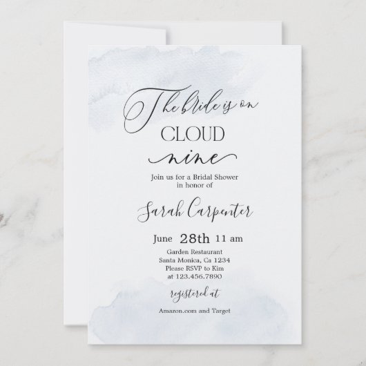 オンクラウドナインほこりっぽいブルーブライダルシャワー 招待状 (正面)