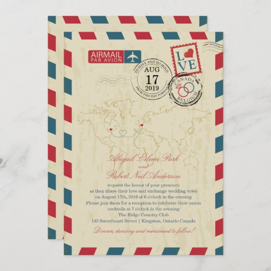 オンタリオカナダ&ベルギーヴィンテージエアメ結婚ール 招待状 (正面/裏面)