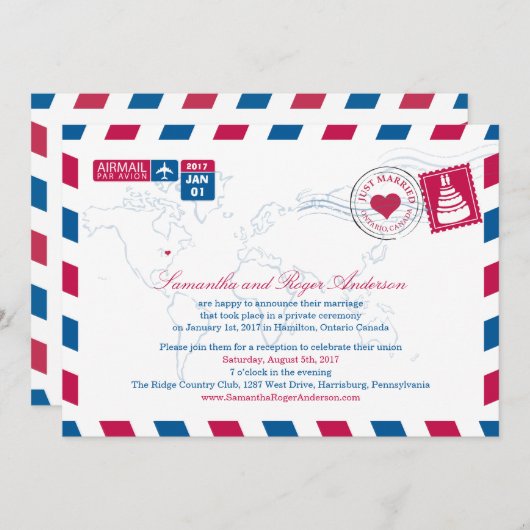 オンタリオ カナダ エア メール ポスト ウェディング レセプション 招待状 (正面/裏面)