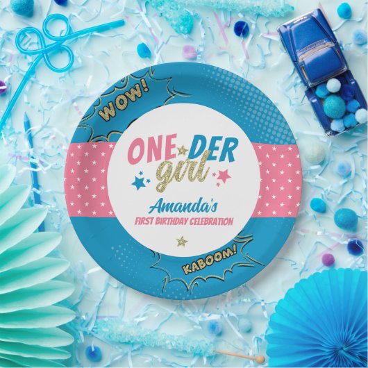 オンダーガールピンク&ブルーファースト誕生日 ペーパープレート (パーティー)