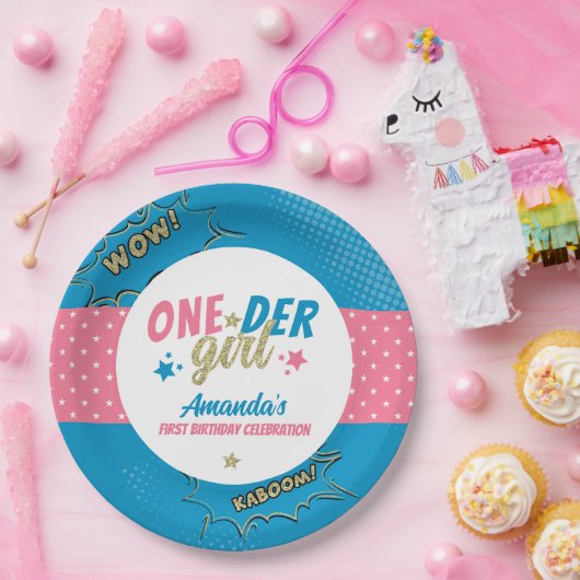 オンダーガールピンク&ブルーファースト誕生日 ペーパープレート (パーティー)