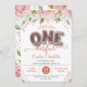 オンダーフルピンクバルーンファースト誕生日招待状 招待状 (正面/裏面)
