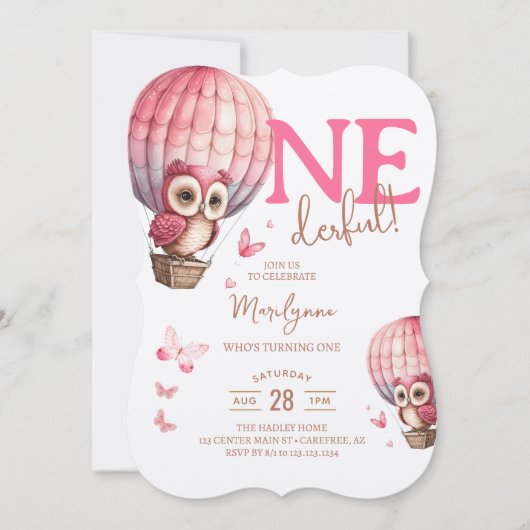 オンダーフルピンクフクロウ熱気球1st誕生日 招待状 (正面)