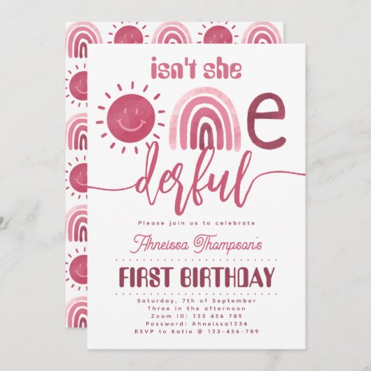 オンダーフルピンクレインボーサンシャインバーチャル誕生日 招待状 (正面/裏面)