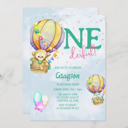 オンダーフルホットエアバルーン春誕生日 招待状 (正面/裏面)