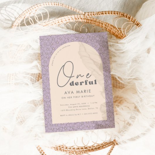 オンダーフルレトロデイジーガールズパープル1st誕生日 招待状