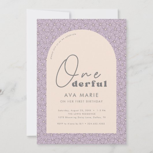 オンダーフルレトロデイジーガールズパープル1st誕生日 招待状 (正面)