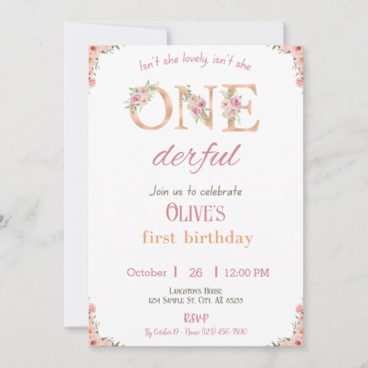 オンダーフル誕生日ガール招待状1st誕生日 招待状 (正面)