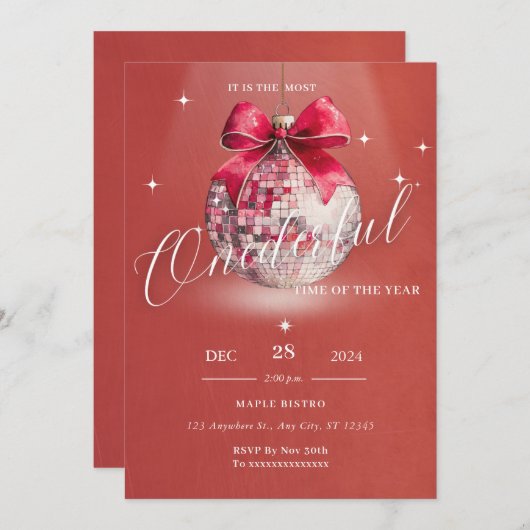 オンダーフル誕生日クリスマスディスコボール招待状 招待状 (正面/裏面)