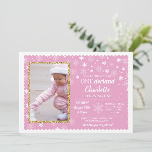 オンダーランドの冬のピンクの雪の結晶の写真 ワンダーランド 招待状 (スタンド正面)