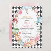 オンダーランドアリス不機嫌ティーパーティーガールファースト誕生日 招待状 (正面/裏面)